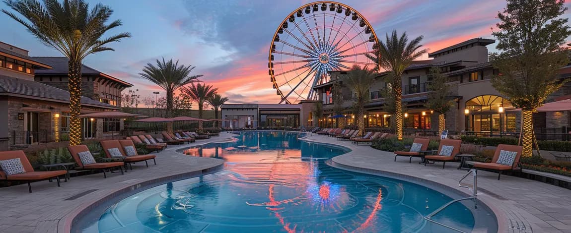 Piscina de un resort con palmeras y noria iluminada al atardecer