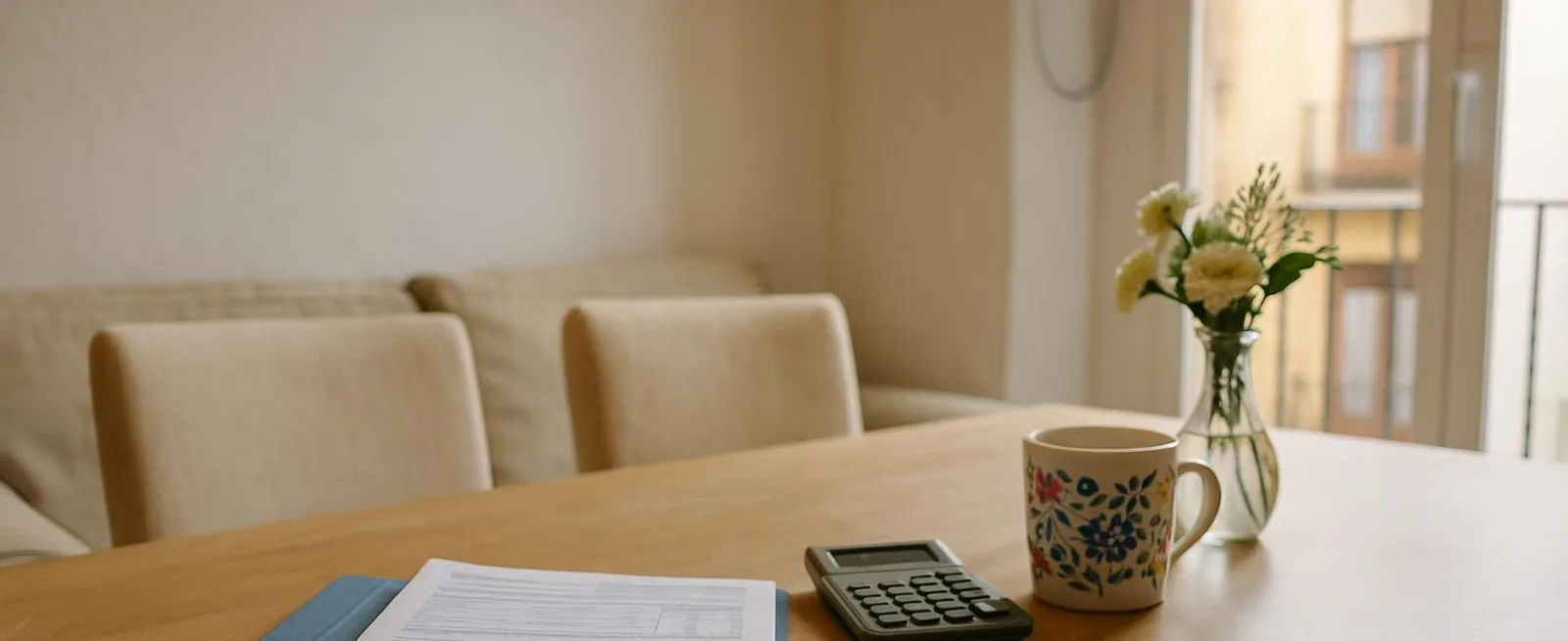 Mesa de comedor de un piso luminoso con papeles de la declaración, una calculadora, una taza y un jarrón con flores junto a la ventana.