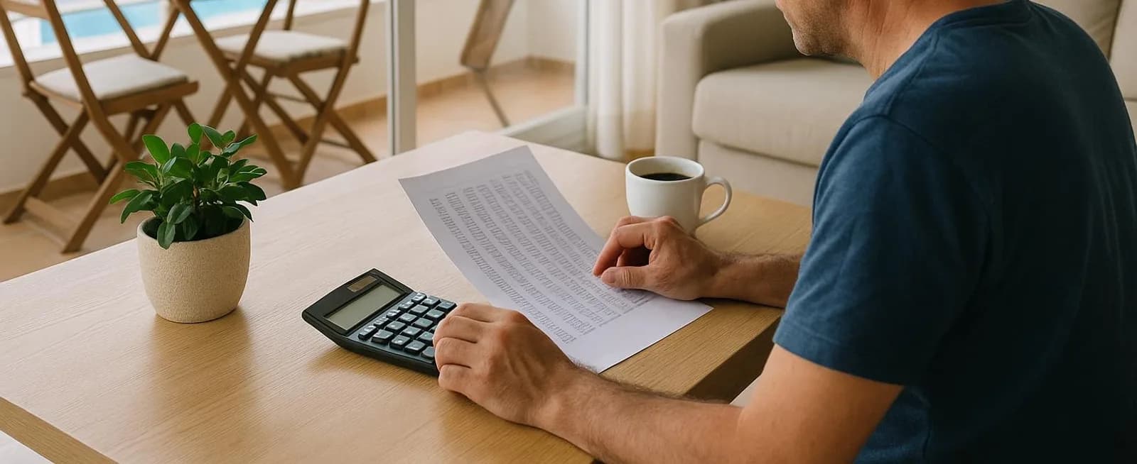 Un propietario revisa documentos en una mesa con una calculadora, una hoja de papel y una taza de café, en un ambiente luminoso.