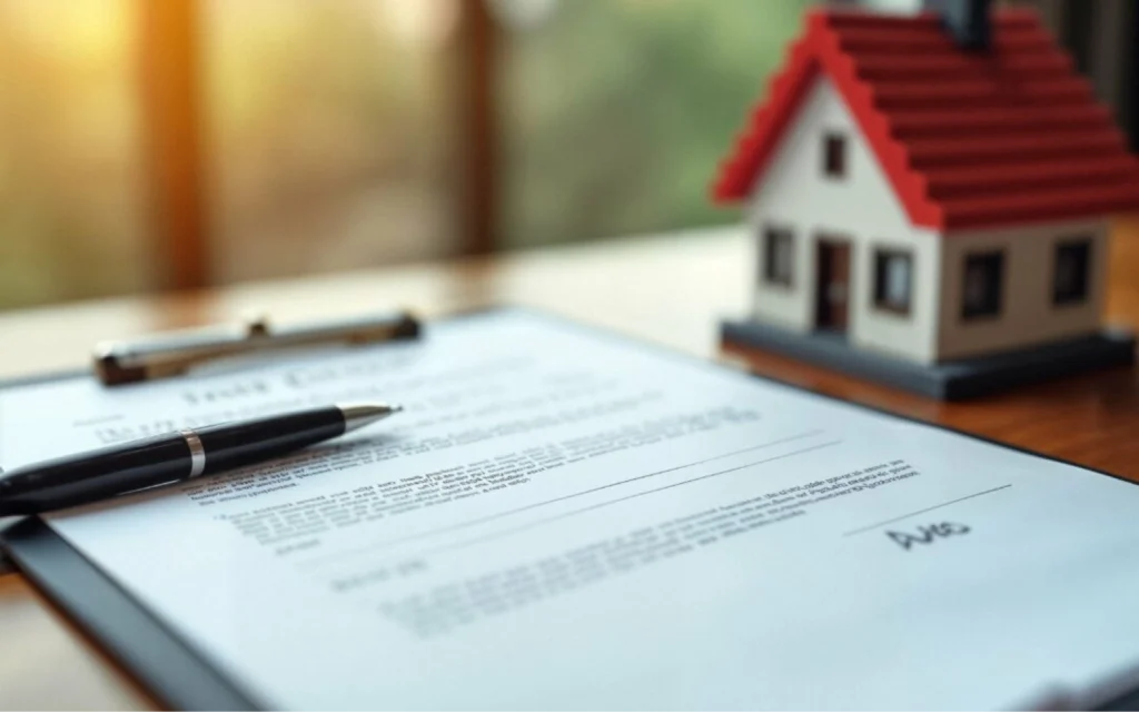 Contrato firmado sobre una mesa junto a una maqueta de vivienda